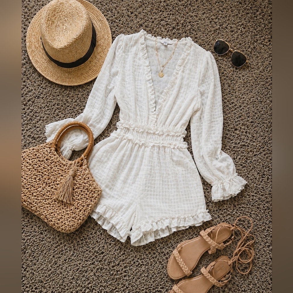 Selfie Leslie White Gauze Long-Sleeve Romper with Ruffle Trim